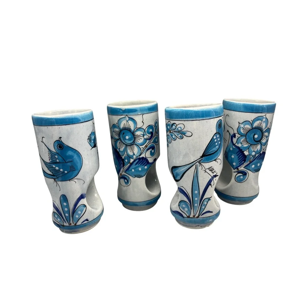 4‎ Tonala Pierced Tumblers Blue Bird , Flowers Hand Painted Vtg Mexico Pottery
